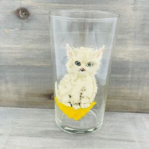 Vintage Drinking Juice Glass w/ Hand Painted Derpy Weird Kitten Cat